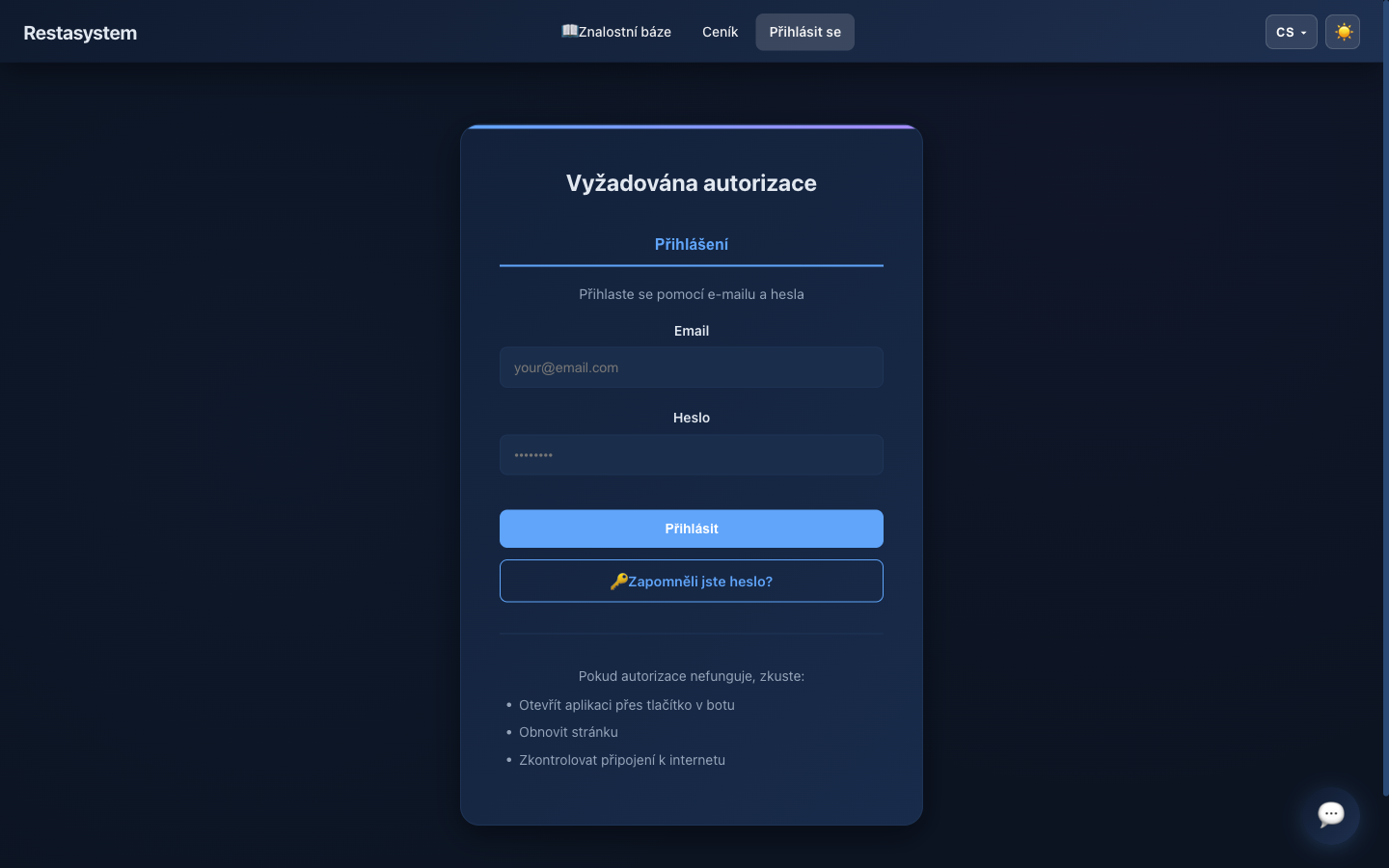 Přihlašovací stránka Restasystem