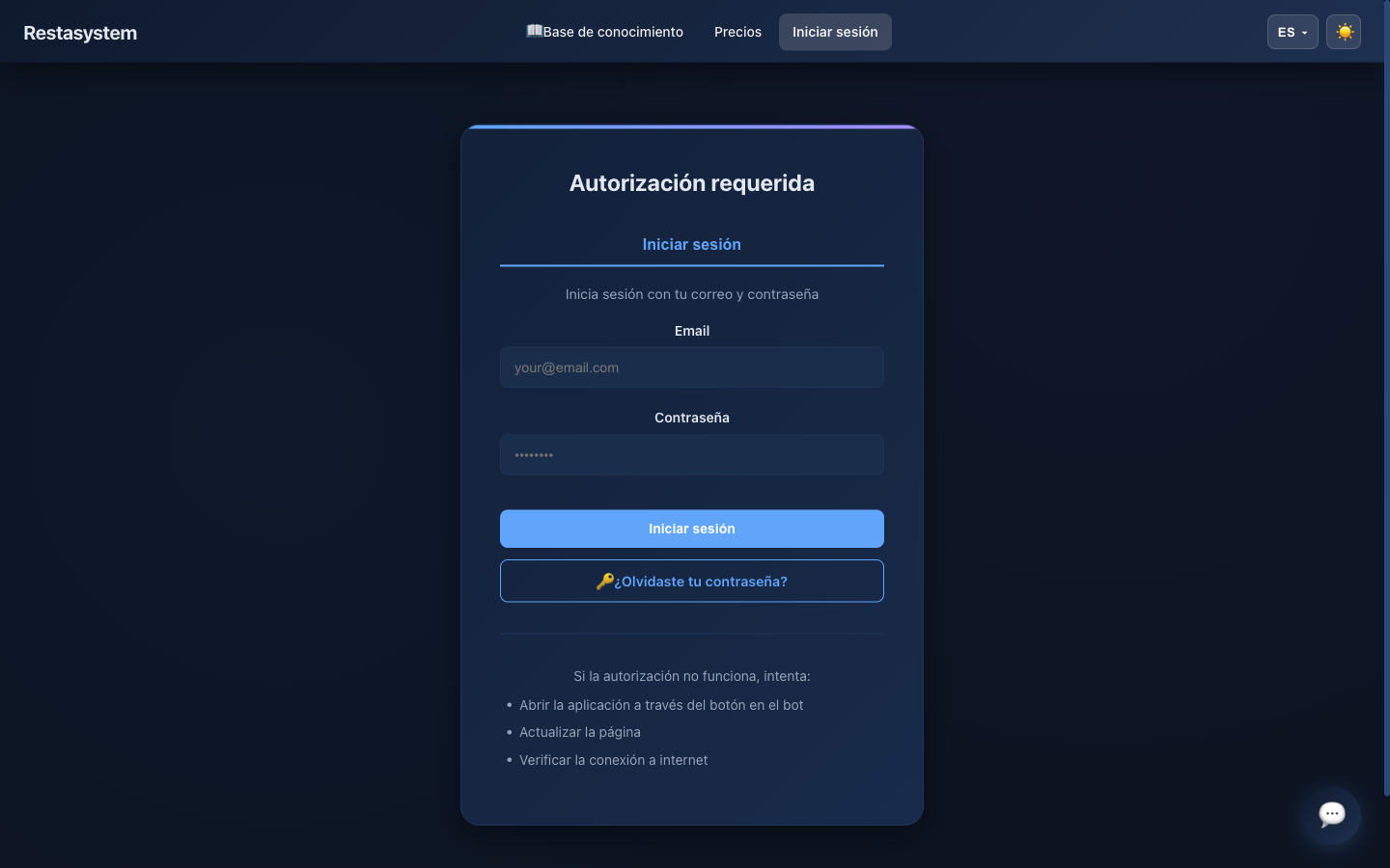 Página de acceso de Restasystem